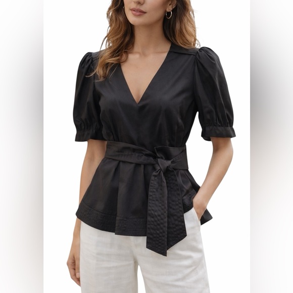 Veronica Beard Tops - Veronica Beard Size 6 Cotton Spandex Black Belted Blouse V- Neck Puff Sleeve NEW
